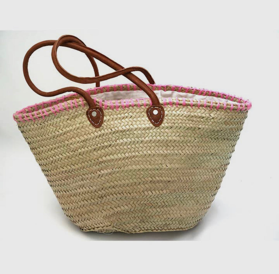 Market Basket Straw Bag Handmade with Leather Strap