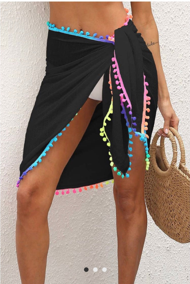 Tasseled Sarong Wrap Beach Coverup